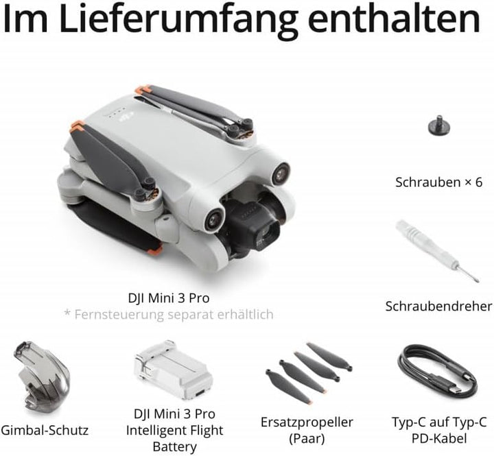 DJI Mini 3 Pro (ohne Fernsteuerung), leichte faltbare Kameradrohne mit 4K/60fps Video, 48 MP, 34 min