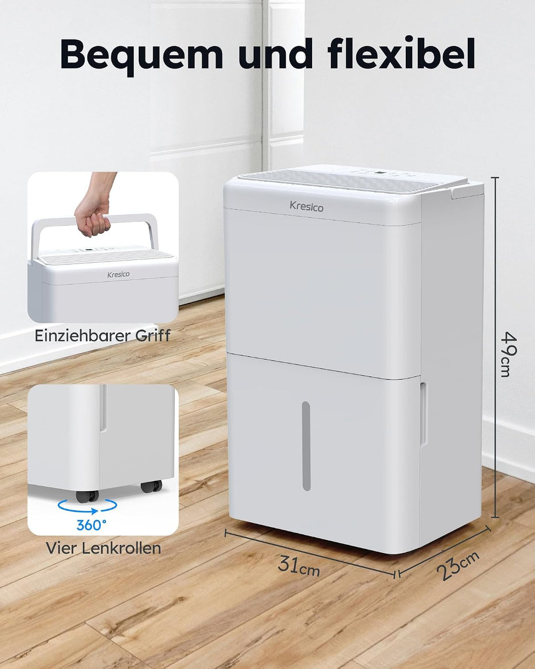 Kresico xWolei Luftentfeuchter elektrisch 12L/24h, Entfeuchter elektrisch 35dB, Raumentfeuchter für
