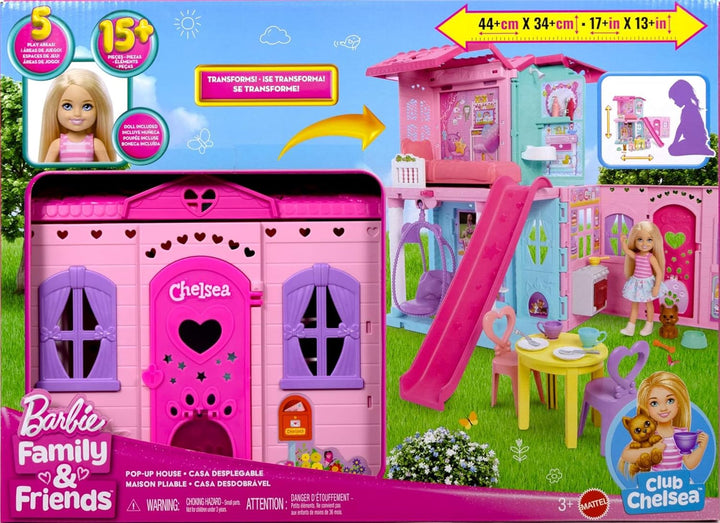 Barbie Chelsea Spielzeug-Puppenhaus mit über 15 Accessoires, das Pop-up-Haus erweitert Sich auf über