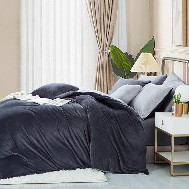 Freyamy Plüsch Bettwäsche Set 135x200 4Teilig Dunkelgrau Grau Samt Biber Cashmere Touch Winterbettwä