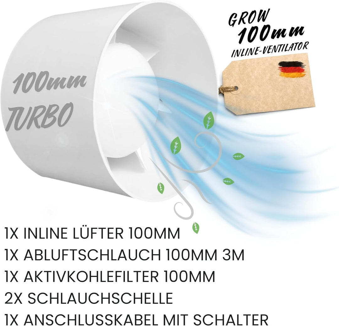 TronicXL Grow Abluft Set 100mm leise Belüftungsset für Growbox Aktivkohlefilter Lüfter Abluftlüfter