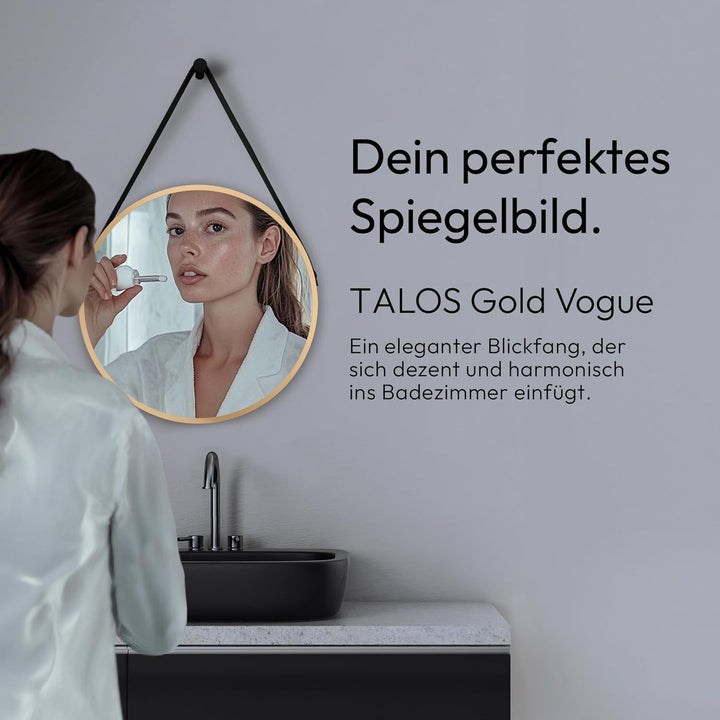 Talos Golden Style Spiegel rund Ø 50 cm – runder Wandspiegel in Gold mit Aufhänge Band in Lederoptik