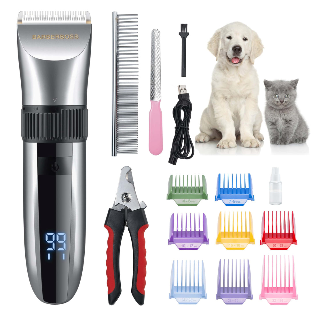 BarberBoss Kabelloser Haustier-Fellpflege-Clipper – Keramikklingen, LED-Display, schnelles Aufladen,