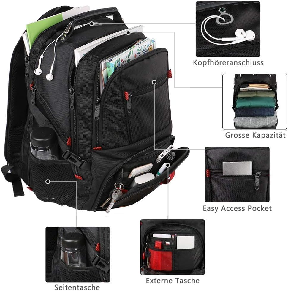 Laptop Rucksack Herren, 18 Zoll Grosser Arbeitsrucksack Reiserucksack Wasserdicht, mit USB Ladeansch