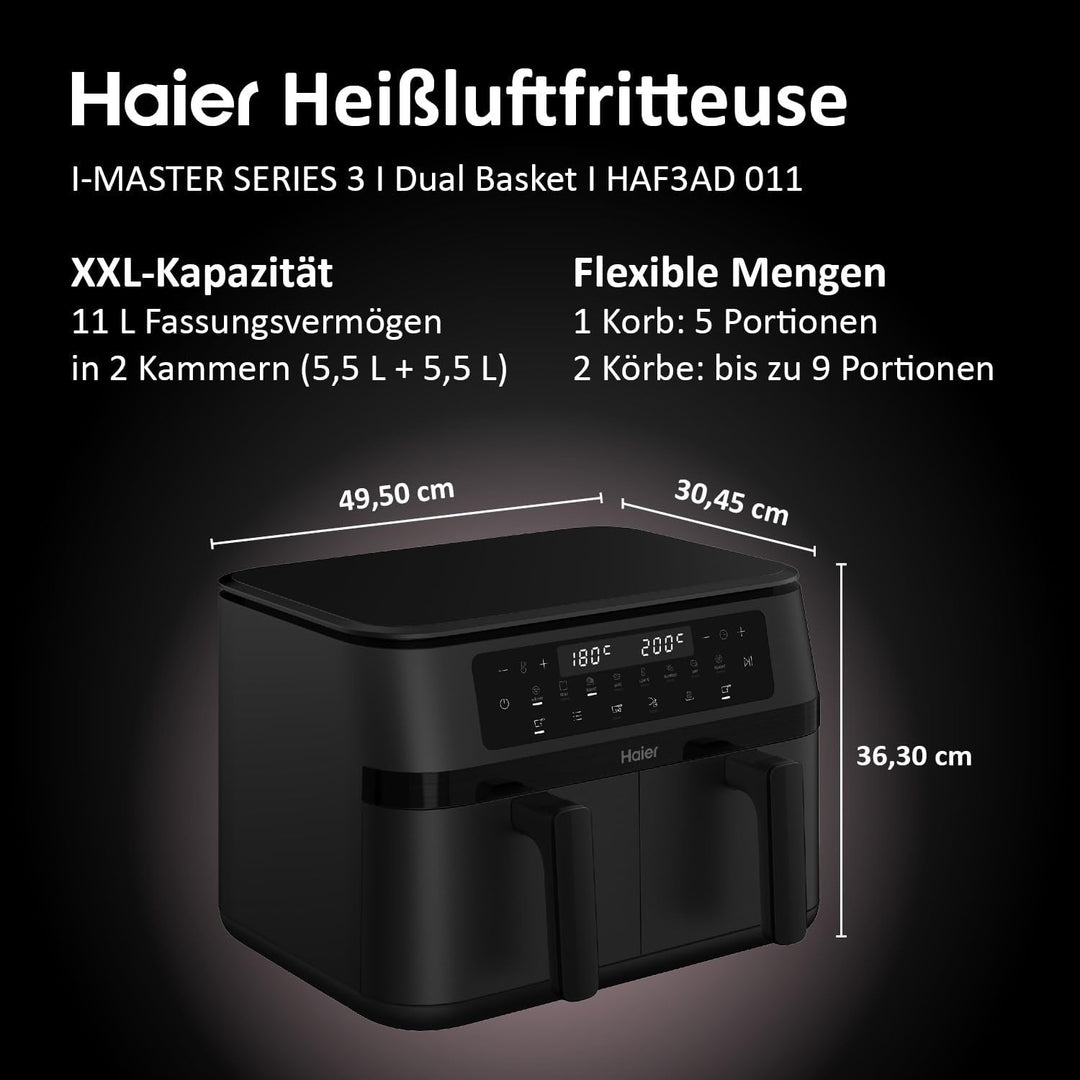 Haier Flex Heissluftfritteuse 2 Kammern I 11 L Airfryer Doppelkammer mit herausnehmbarer Trennwand &