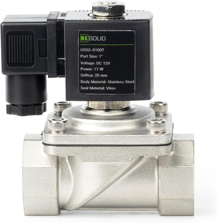 U.S. Solid 1" Magnetventil - Edelstahl DC 12V mit Viton-Dichtung, stromlos geschlossen, Anschlussdos