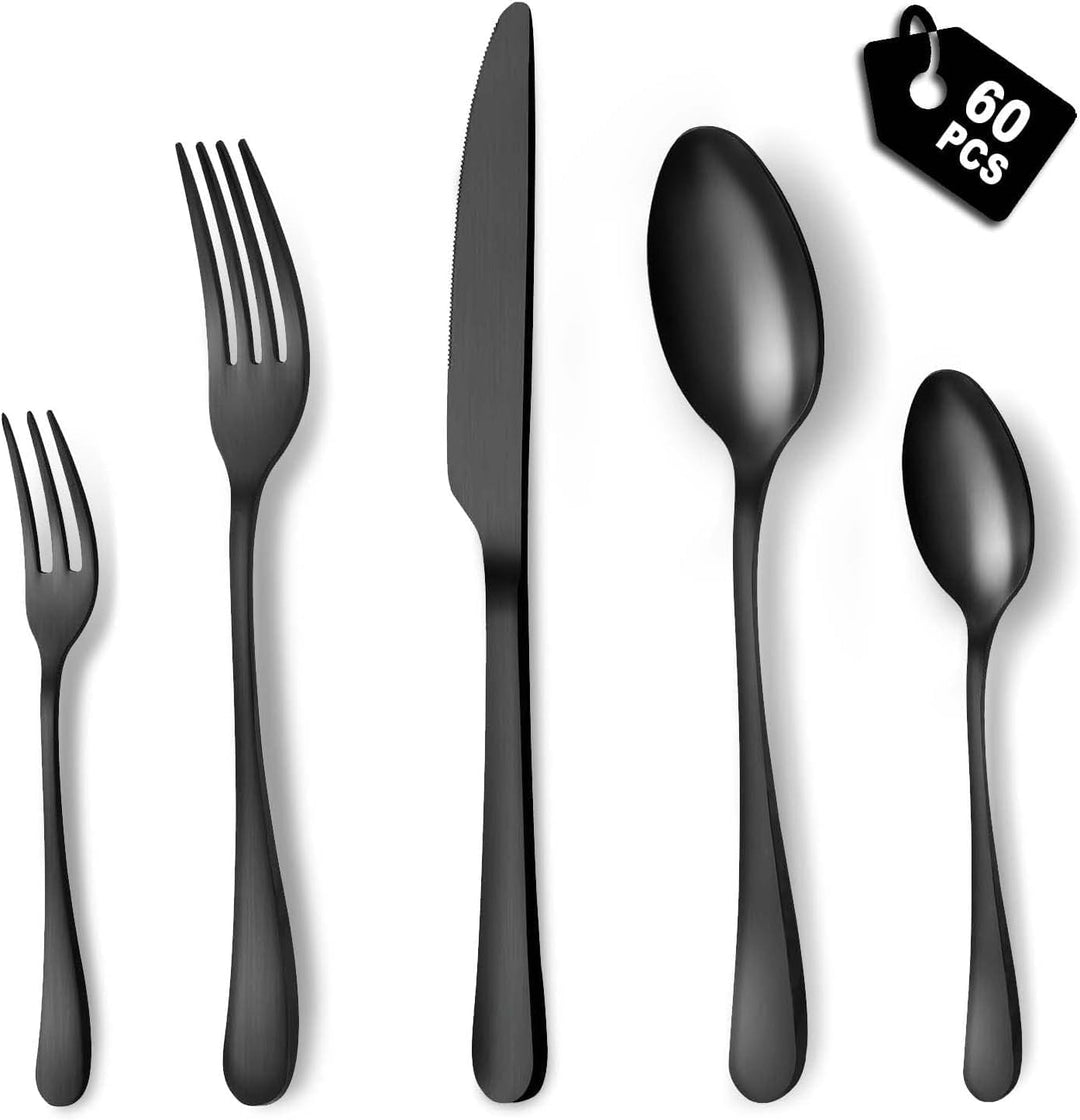 BEWOS Besteck Set für 12 Personen, 60 teilig Schwarz Mattiert Essbesteck Set inkl. Messer, Gabel, Lö