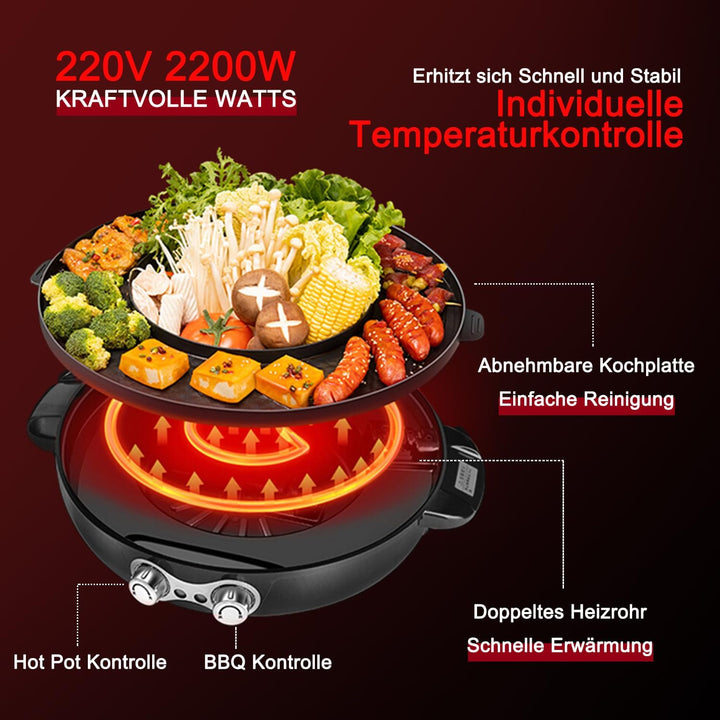 Food Party Hot Pot und grill Elektrisch Hotpot Topf 220V 2200W Elektrogrill 2 in 1 Electric Hot Pot