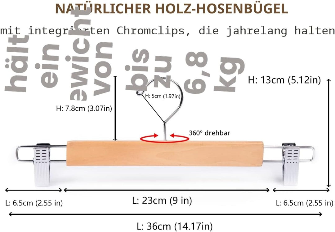 Amber Home 10 Stück 36cm Natürliche Kleiderbügel aus Holz, Robust und Glänzend Hosenbügel Aufhänger