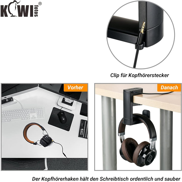 KIWIFOTOS 2-in-1-Kopfhörerständer unter dem Schreibtisch mit 4 Anschlüssen USB-Hub-Organizer, Headse