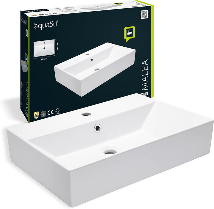 aquaSu® Moderner Waschtisch Malea 60 cm | Design-Waschbecken mit Überlauf und Hahnloch | Hänge-Wasch