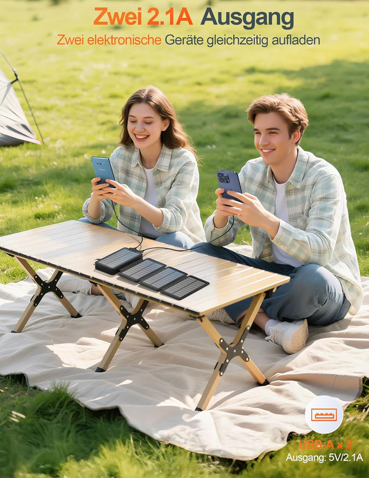Solar PowerBank 26800mAh, Solar Ladegerät mit 4 Solarpanels, Taschenlampe, Zwei 5V 2.1A USB-Ports Ex