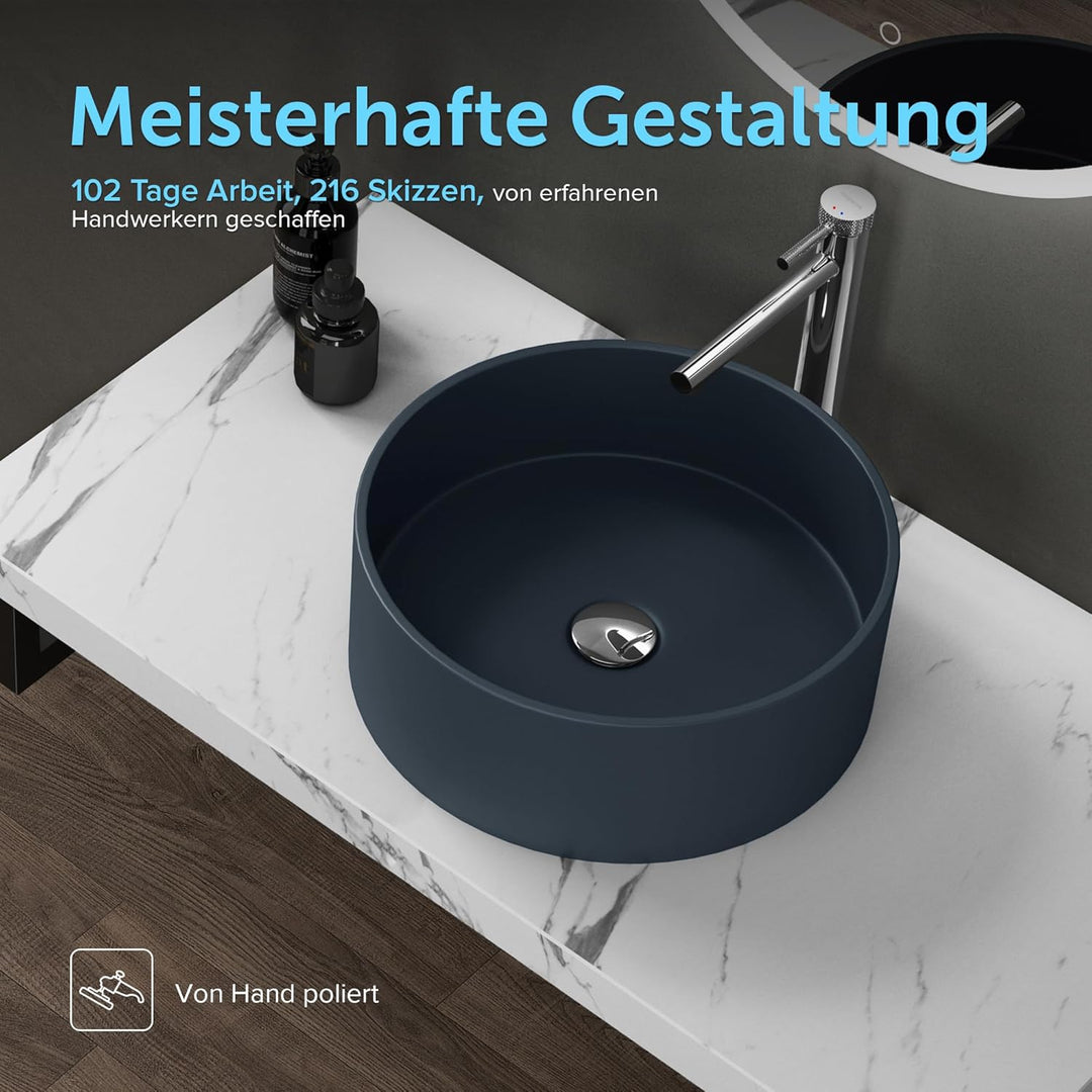 doporro Aufsatzwaschbecken rund Colossum804 matt Anthrazit Ø 40 cm Mineralguss Waschbecken ohne Arma