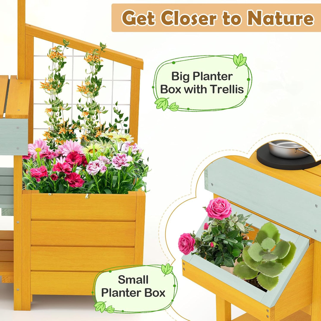HOMASIS Matschküche Kinder Outdoor, Kinderküche mit Wassertank Spülen Herd, Holz Gartenküche mit Pfl