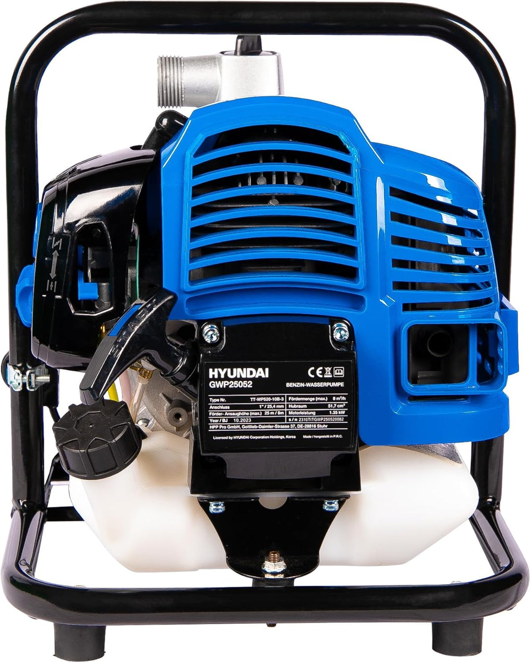 HYUNDAI Benzin Wasserpumpe GWP25052 – 1.84 PS, 2-Takt Motorpumpe, 8.000 l/h Förderleistung, 25 m För