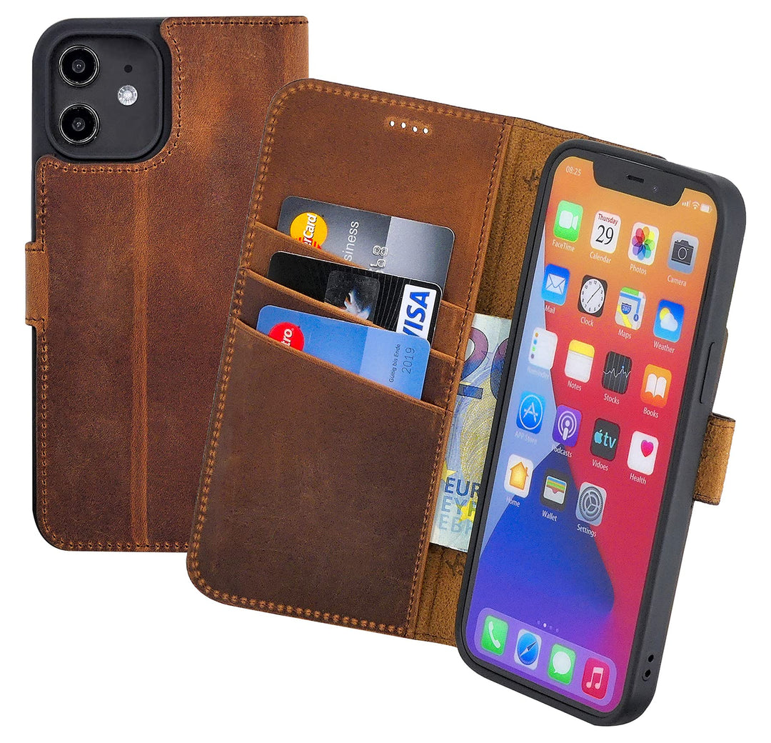 Suncase Book-Style Hülle kompatibel mit iPhone 12 (6.1") Leder Tasche (Slim-Fit) Lederhülle Handytas