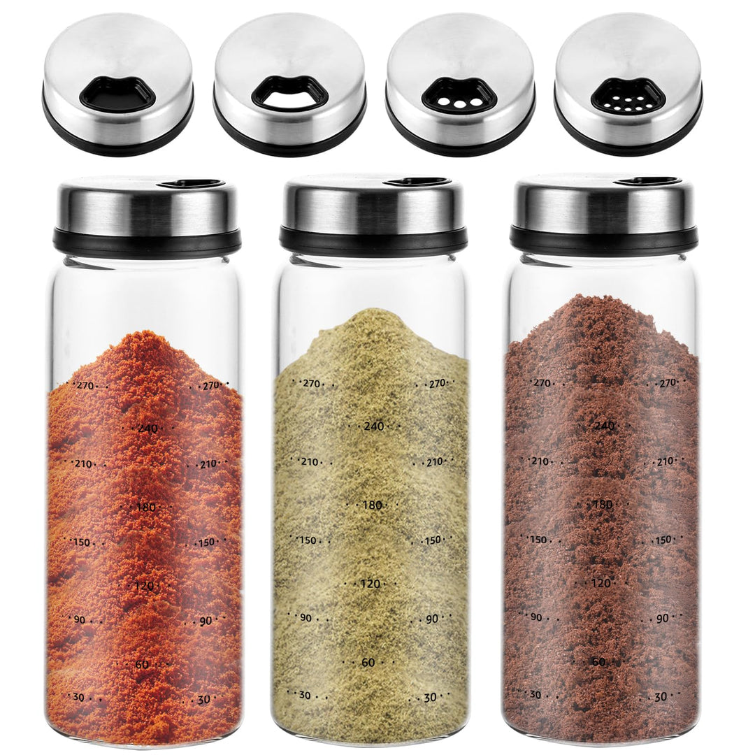 3 Stück Gewürzgläser mit Drehdeckel 300ml Gewürzdosen Glas, 16.5x6 cm Luftdicht Gewürzstreuer mit 4