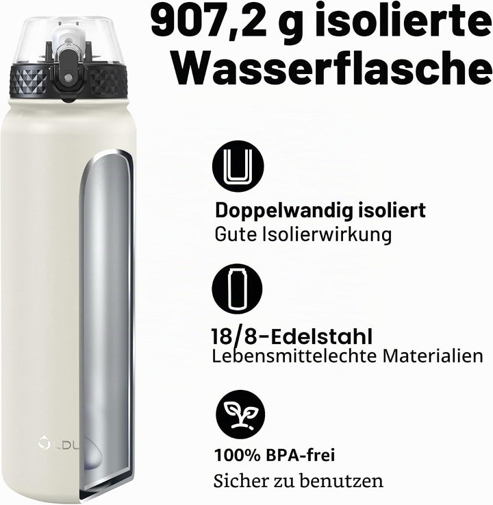 OLDLEY Edelstahl Trinkflasche mit Strohhalm 1L Isolierte flasche mit 3 Deckel Grosse Thermosflasche