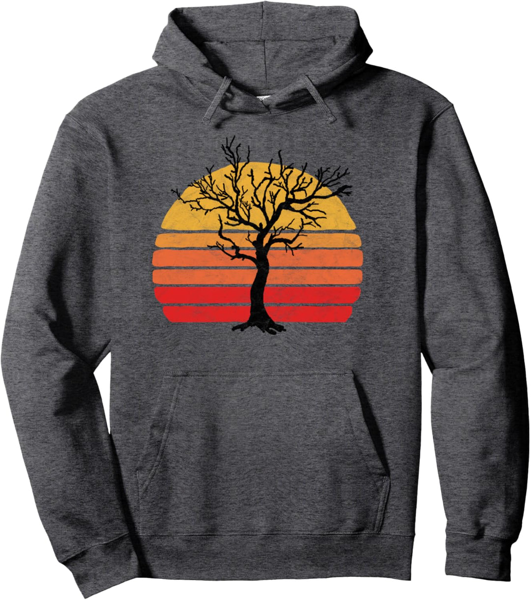 Retro Sun Minimalist Leafless Tree Design Graphic Pullover Hoodie