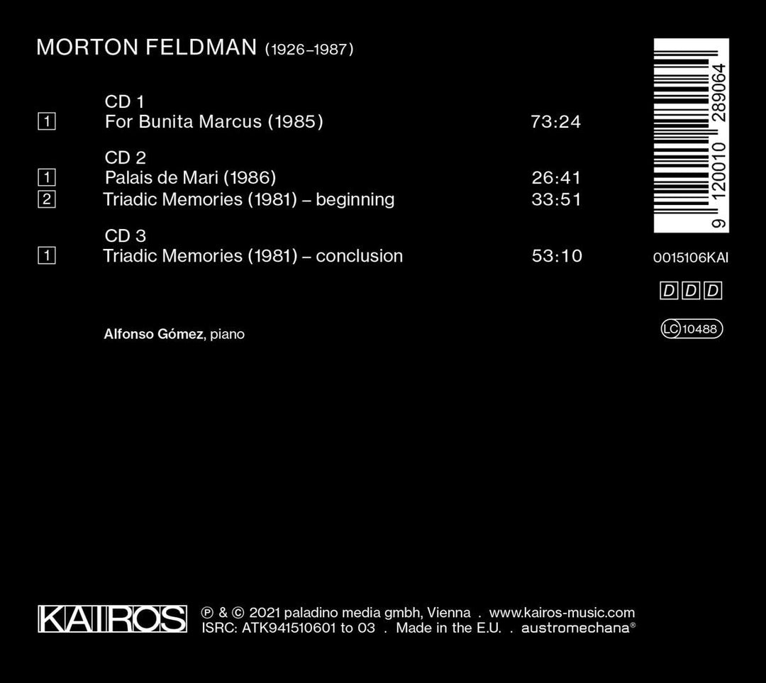 Feldman: Late Works for Piano - For Bunita Marcus, Palais de Mari u.a., Audio-CD