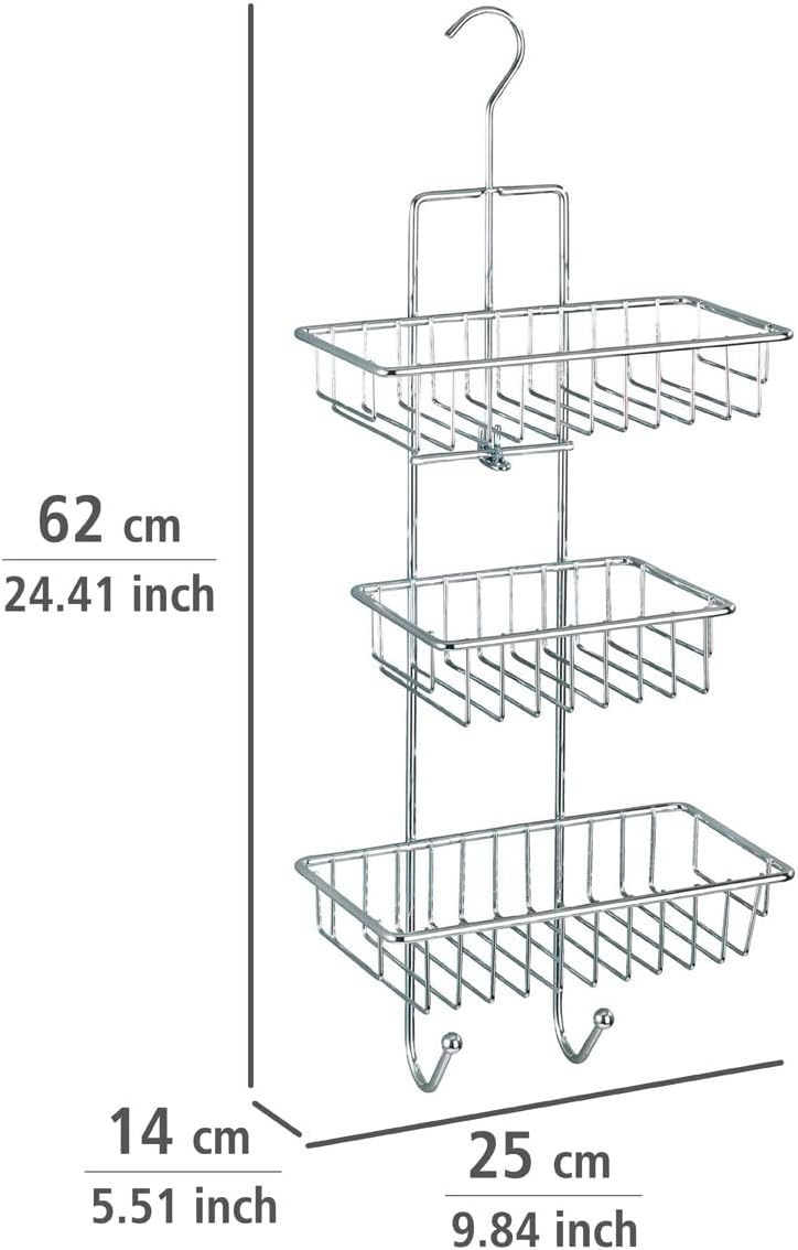 WENKO Duschcaddy Mod. Milano mit 3 Ablagekörben und 2 Haken verchromt ideal für Badezimmer ohne Abla