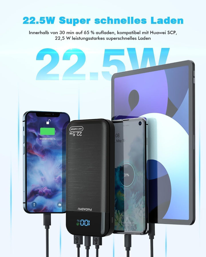 Power Bank 27000mAh 22,5W Externer Handyakku PD20W Schnell Aufladende Powerbank USB C mit LED Displa