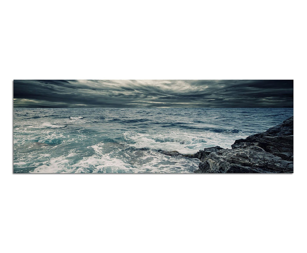 Paul Sinus Art Panoramabild auf Leinwand und Keilrahmen 150x50cm Ozean Meer Sturm Felsen Wellen Wolk