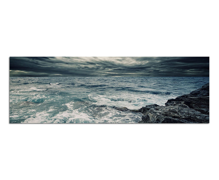 Paul Sinus Art Panoramabild auf Leinwand und Keilrahmen 150x50cm Ozean Meer Sturm Felsen Wellen Wolk