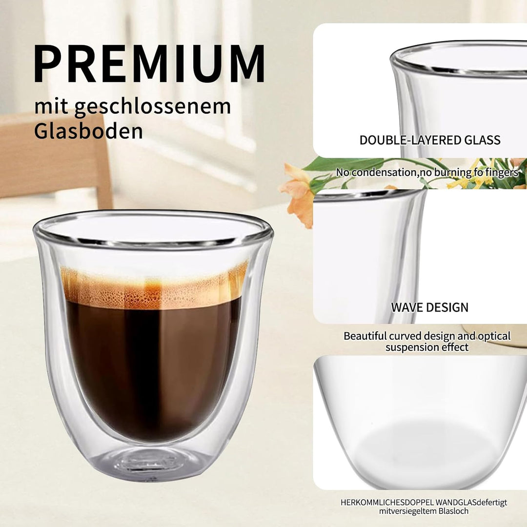 Espressotassen Glas 80 ml 6er Set – Doppelwandige Espressogläser aus Borosilikatglas, Isolierend & H