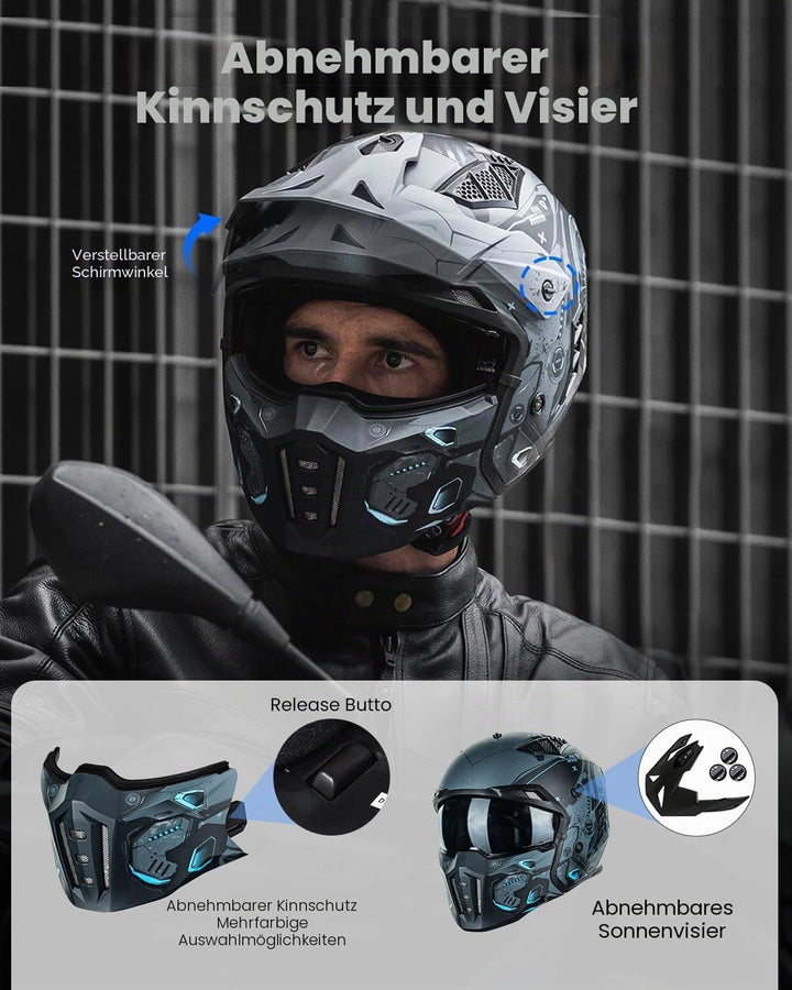 ILM Helm Motorrad Motocross Herren Damen Vintage Retro mit Visier ECE Model Z302,SciFiBlau,L L SciFi