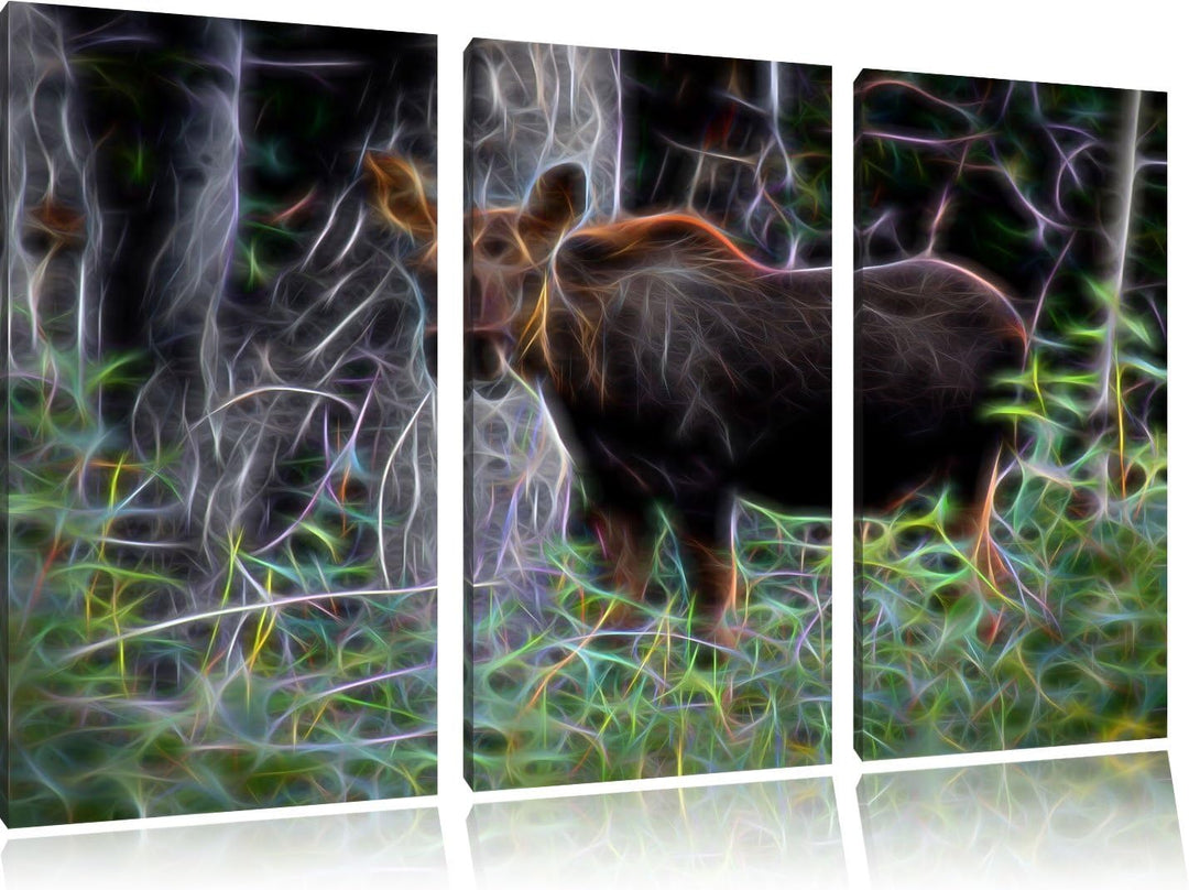 schöne Elchkuh im hohen Gras NewArt 3-Teiler Leinwandbild 120x80 Bild auf Leinwand, XXL riesige Bild