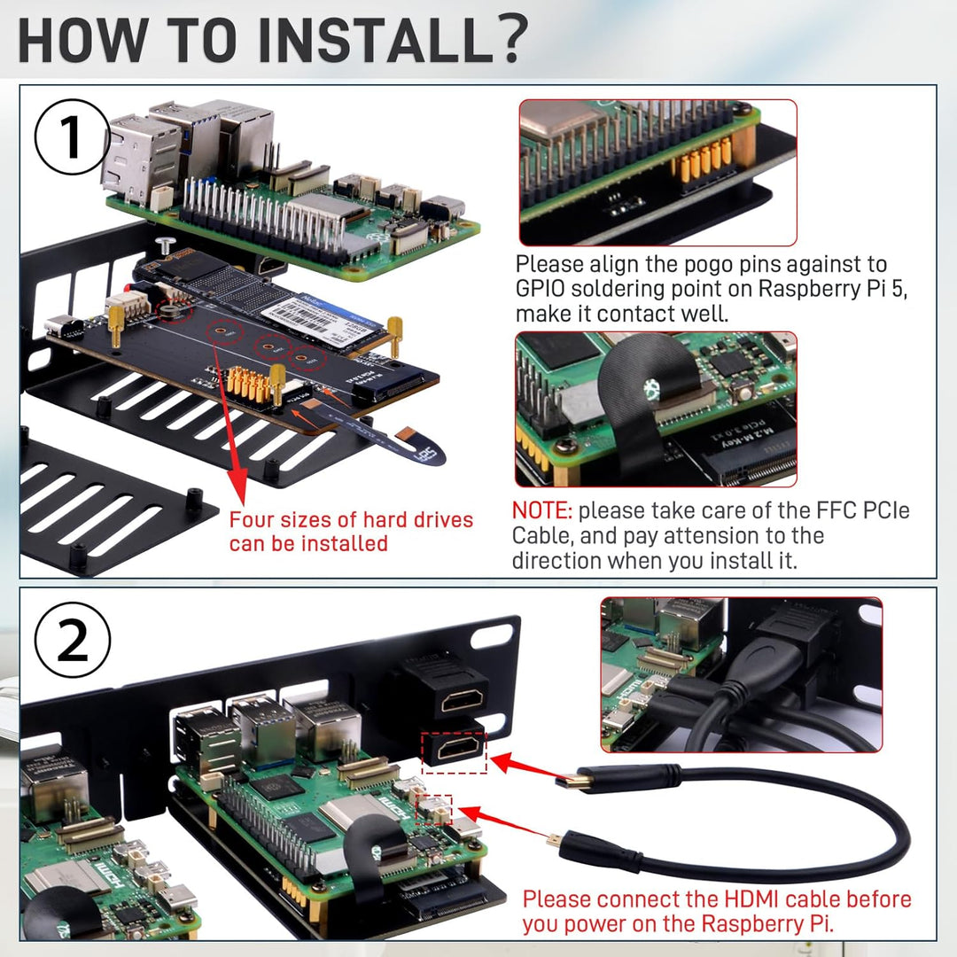 GeeekPi 10 Zoll 1U Rack-Halterung für Raspberry Pi 5, mit 2PCS PCIe auf M.2 NVMe SSD Adaptern, hält