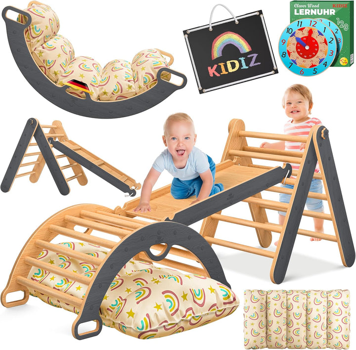 Kidiz® Klettergerüst Montessori 7in1 Spiel-Set mit Kletterbogen Rutsche Kletterdreieck aus Holz inkl