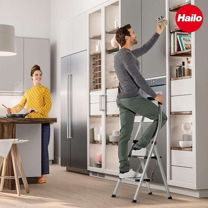 Hailo LivingStep Comfort Plus, Alu-Klapptritt, 2 Stufen, hoher Sicherheitshaltebügel, Füsse mit Soft