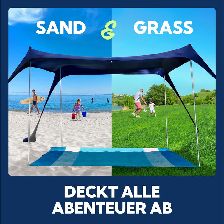 SUN NINJA Strandzelt, Sonnensegel LSF 50+, mit Sandschaufel, Heringen und Stabilitätsstangen, Schatt