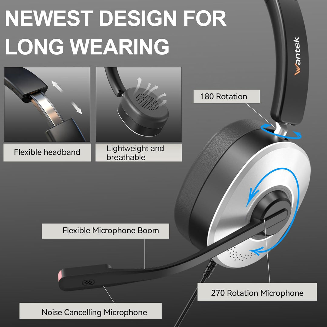 Wantek USB Headset mit Mikrofon für PC Laptop, Typ C-USB-3,5mm Jack, 3-in-1-Kopfhörer mit Geräuschun