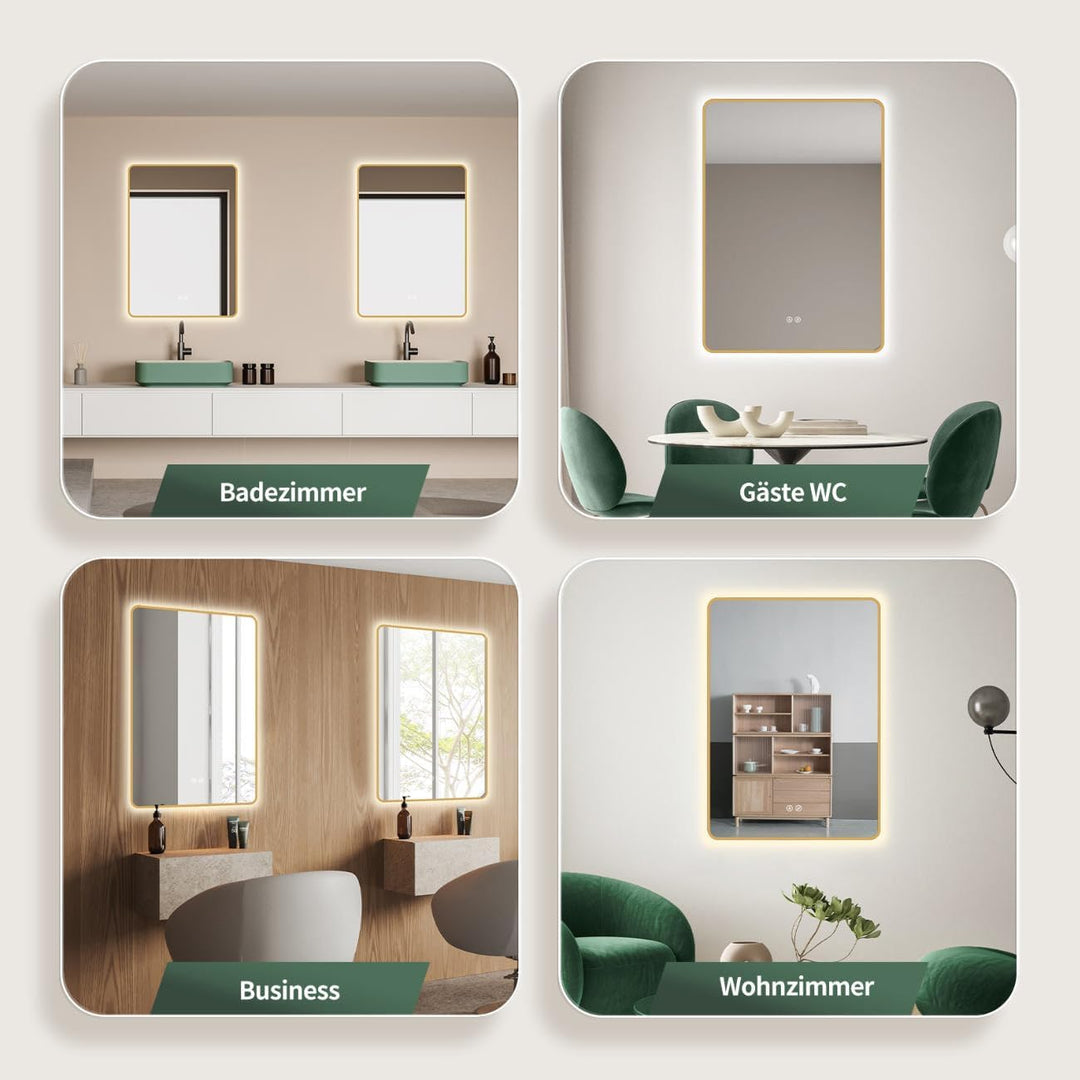 HOKO Antibeschlag LED Badspiegel 50x70 cm / 70x50 cm Louisiana mit Goldener Metallrahmen, HOCH+QUER