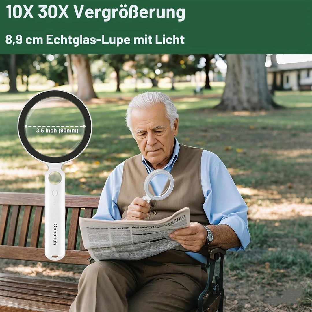 Grosse Lupe mit Licht USB Aufladbar, 10X 30X Leselupe mit Licht für Senioren Gross, 36 LED & 5 Licht