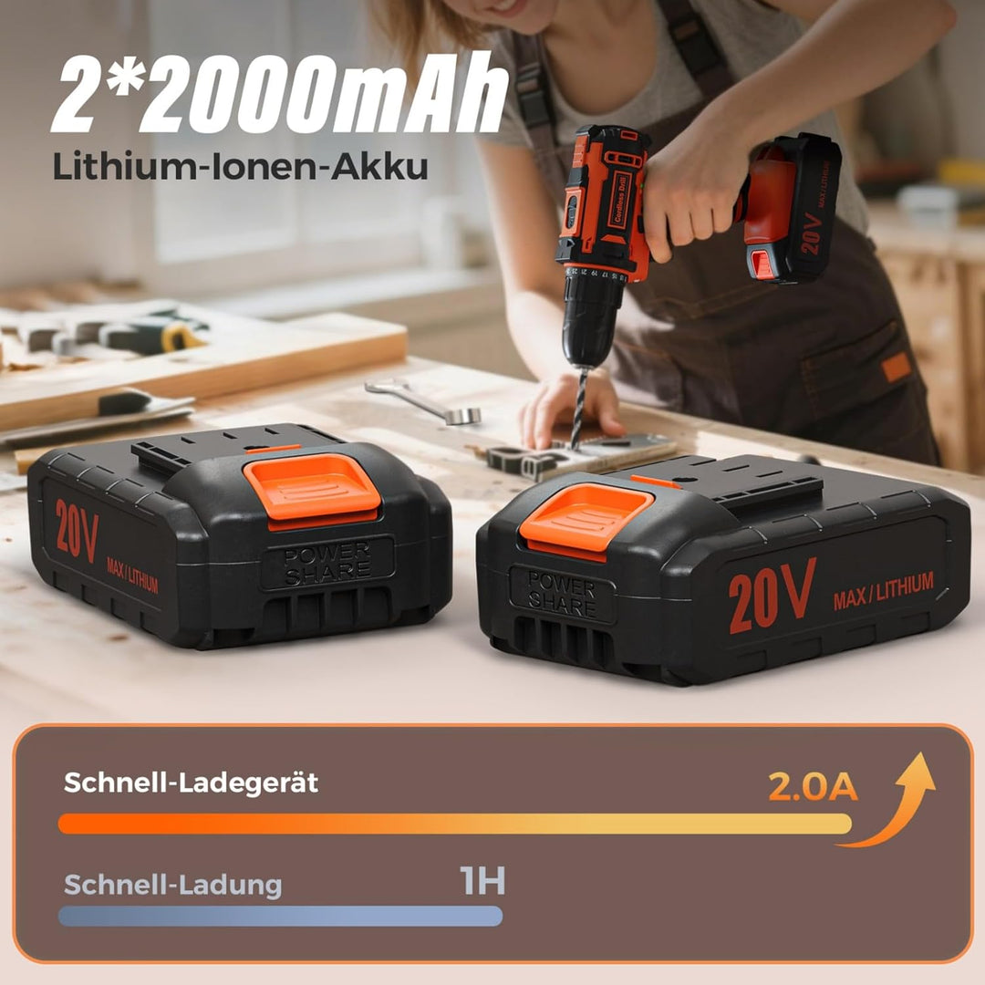 Akkuschrauber, 20V Akku Bohrschrauber Set mit 2 Akkus 2.0Ah, Akkubohrer 42Nm Drehmoment, 25+1 Drehmo