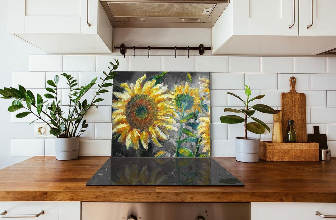 Sonnenblumen vor blauem Hintergrund B&W Detail Herdabdeckplatte & Spritzschutz aus Echtglas | Für He