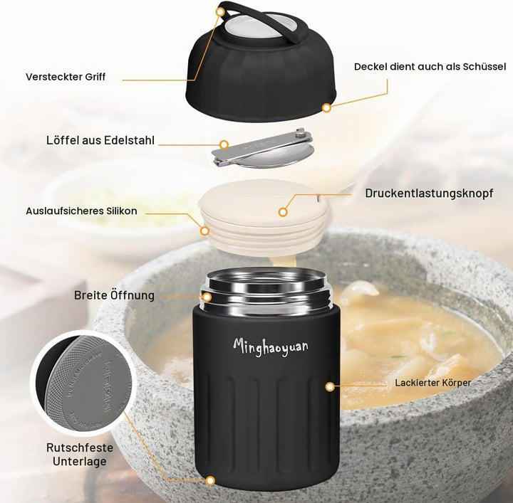 Thermobehälter für Essen, 600ml Edelstahl Thermobecher Essen mit Löffel, 100% auslaufsicher, Warmhal