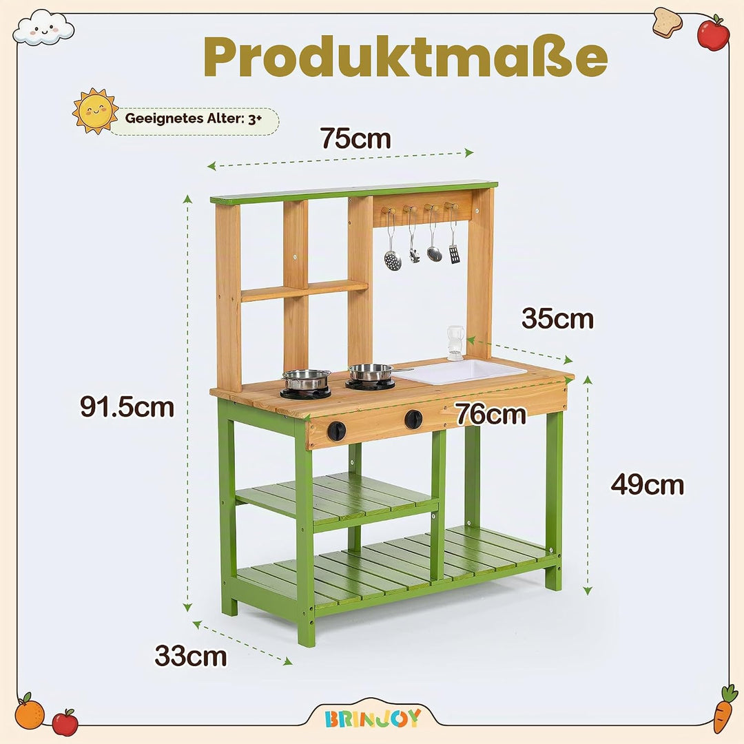 BRINJOY Matschküche Kinder Outdoor, Spielküche Kinder Holz-Matschküche für draussen mit realistische