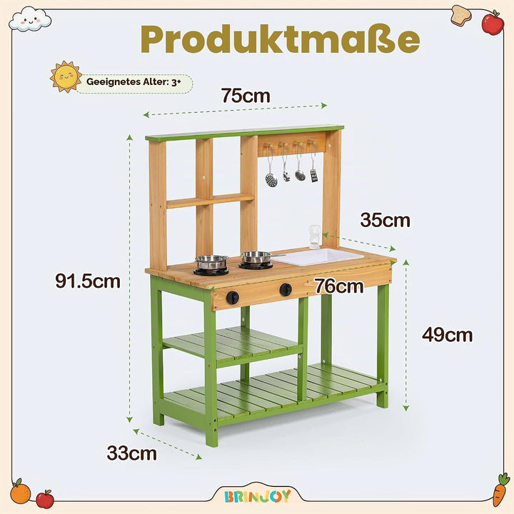 BRINJOY Matschküche Kinder Outdoor, Spielküche Kinder Holz-Matschküche für draussen mit realistische