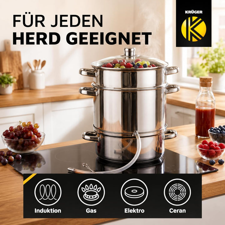 Krüger Edelstahl-Frucht-Entsafter 26cm - schonendes Entsaften von Obst und Gemüse - nach Dampfentsaf