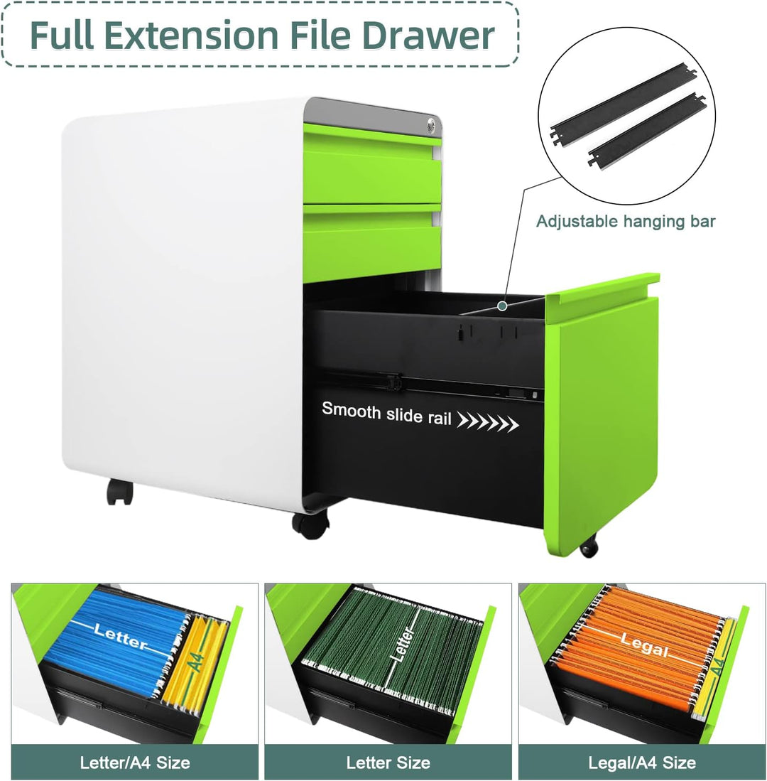 Dripex Metall Rollcontainer Stahl Rollcontainer mit 3 Schubladen und Hängeregistratur Abschliessbare