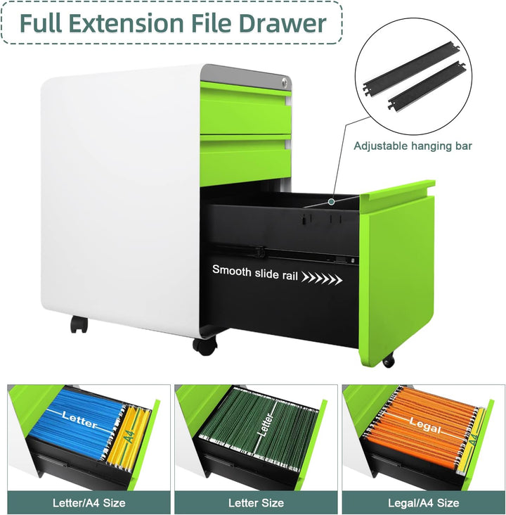 Dripex Metall Rollcontainer Stahl Rollcontainer mit 3 Schubladen und Hängeregistratur Abschliessbare