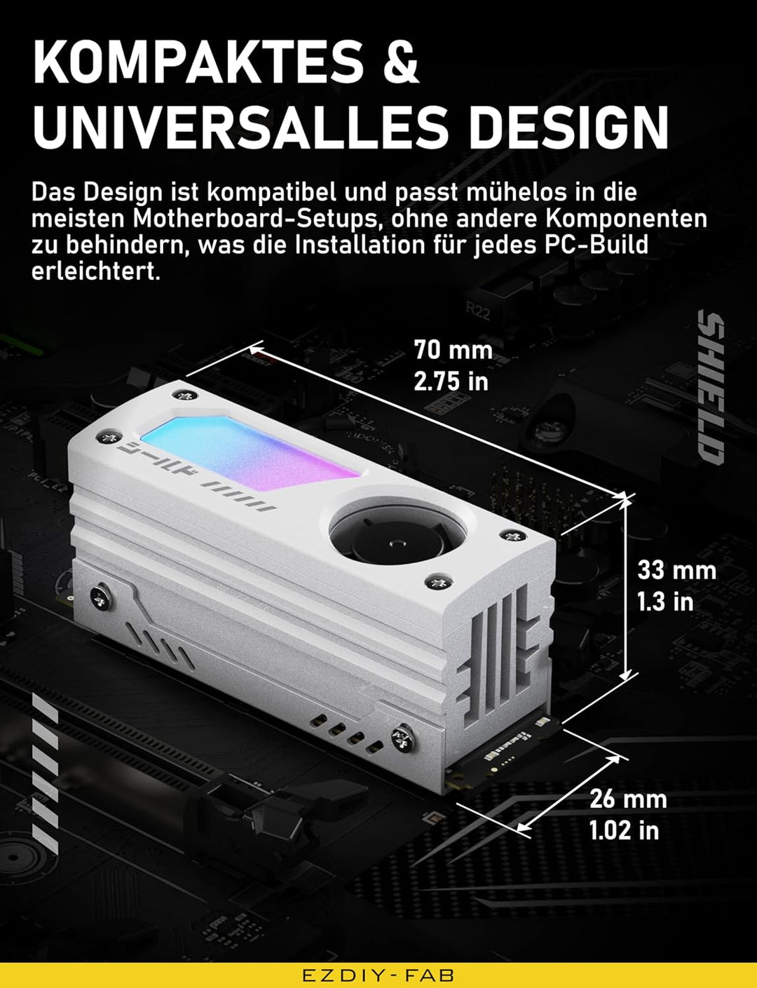 EZDIY-FAB Shield ARGB M.2 SSD-Kühler mit 20mm PWM-Lüfter, Premium-Aluminium-Design, 5V 3-Pin ARGB Sy