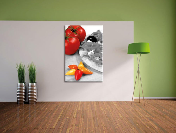 Pixxprint Leckere Pizza mit Oliven und Hirtenkäse, Format: 70x100 auf hochkantiges Leinwand, XXL rie