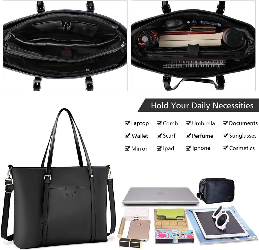 NUBILY Handtasche Shopper Damen Gross 15.6 Zoll PU Leder Shopper Schwarz Laptop Umhängetasche Gross