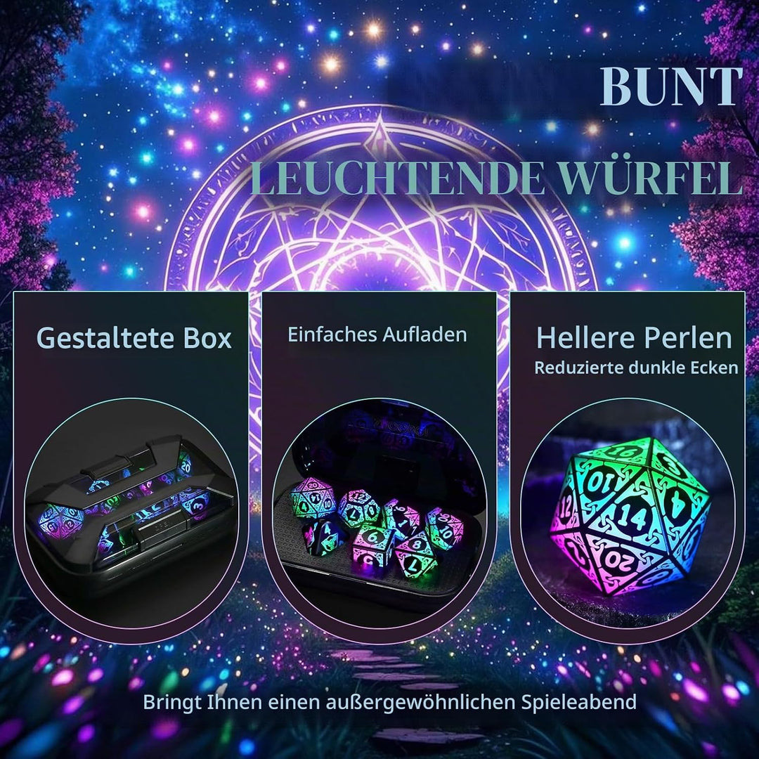 ZHOORQI DND Würfel Set, 7 Pcs LED Dice Wiederaufladbar mit Ladebox, Dungeons and Dragons Würfelset P
